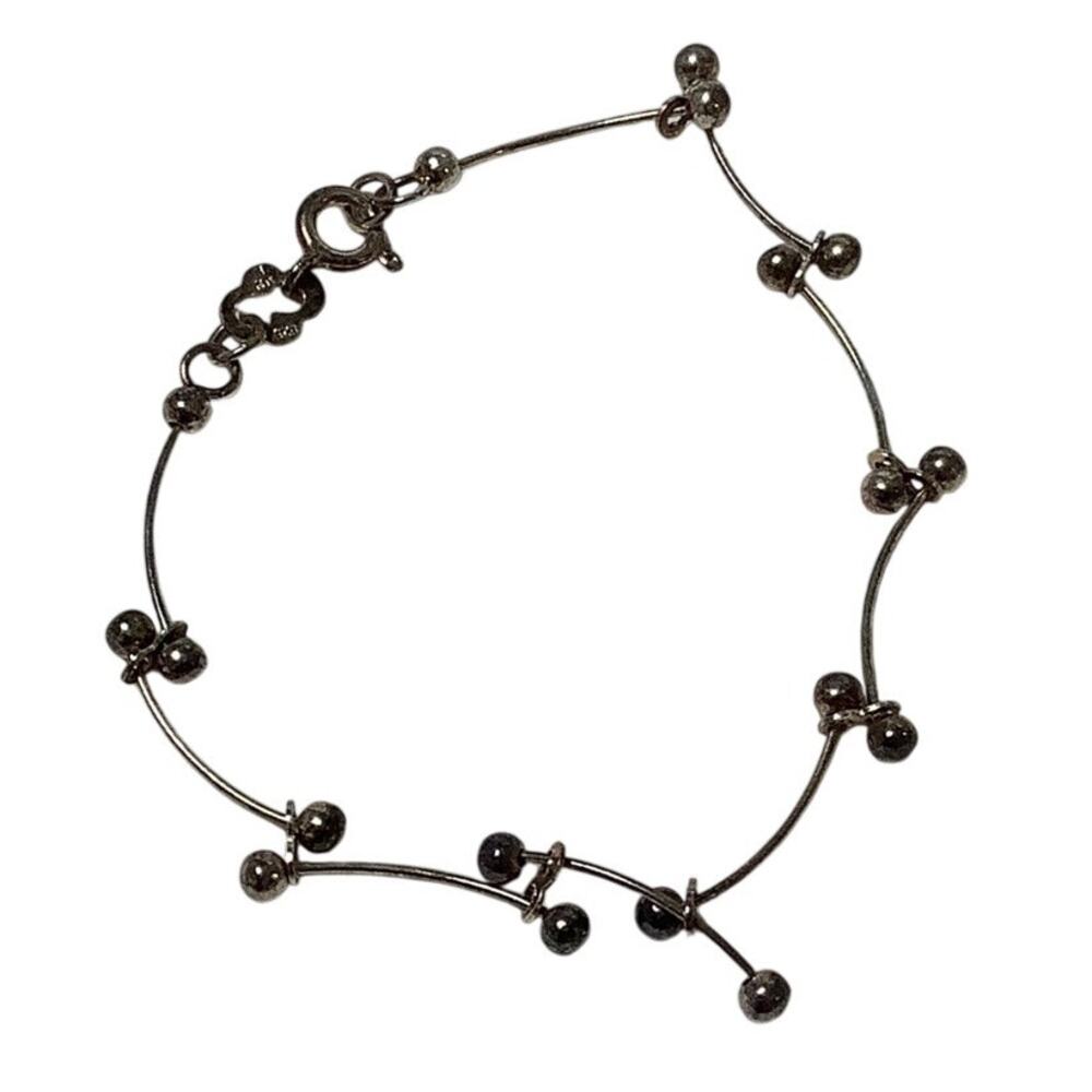 Vintage 925 Sterling Silver Curved Bar Ball Link Station Bead Bracelet F17-37